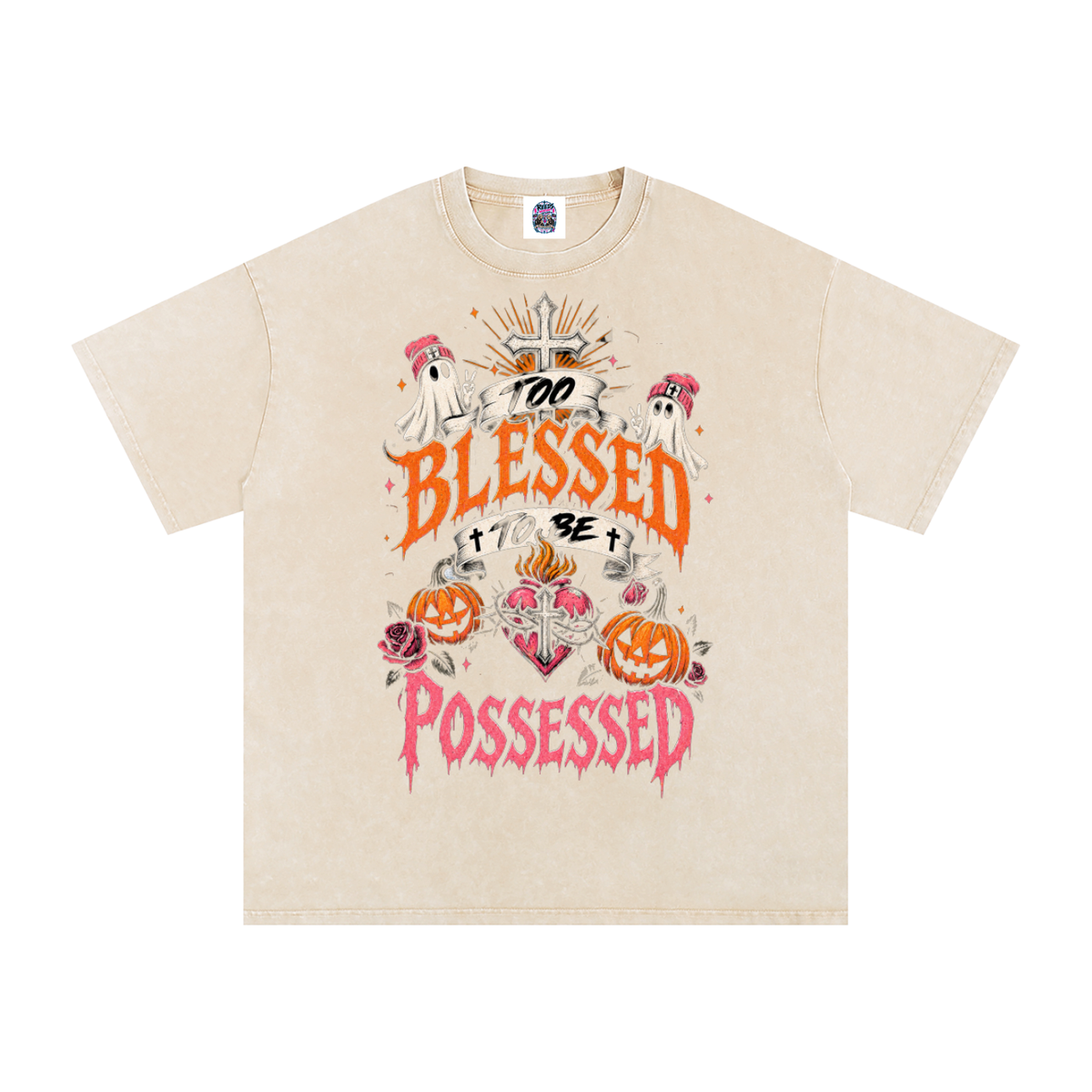 Too Blessed to Be Possessed — Snow Washed Oversized Tee