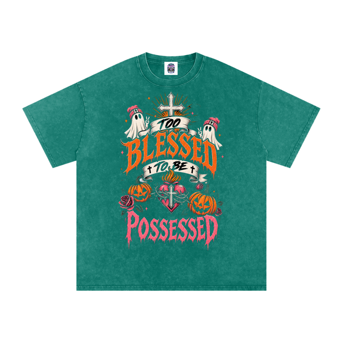 Too Blessed to Be Possessed — Snow Washed Oversized Tee