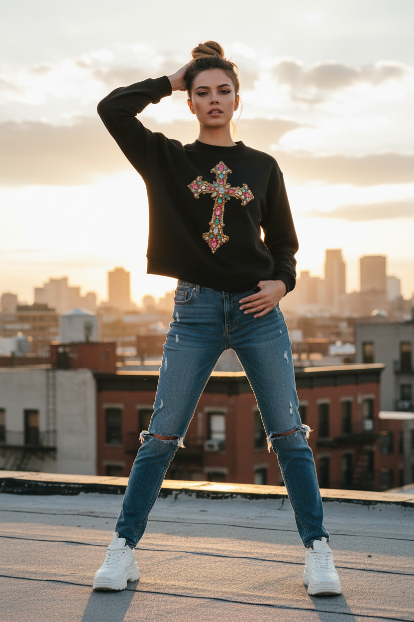 Gem Cross Essential Fleece Mock-Neck Crew Sweatshirt