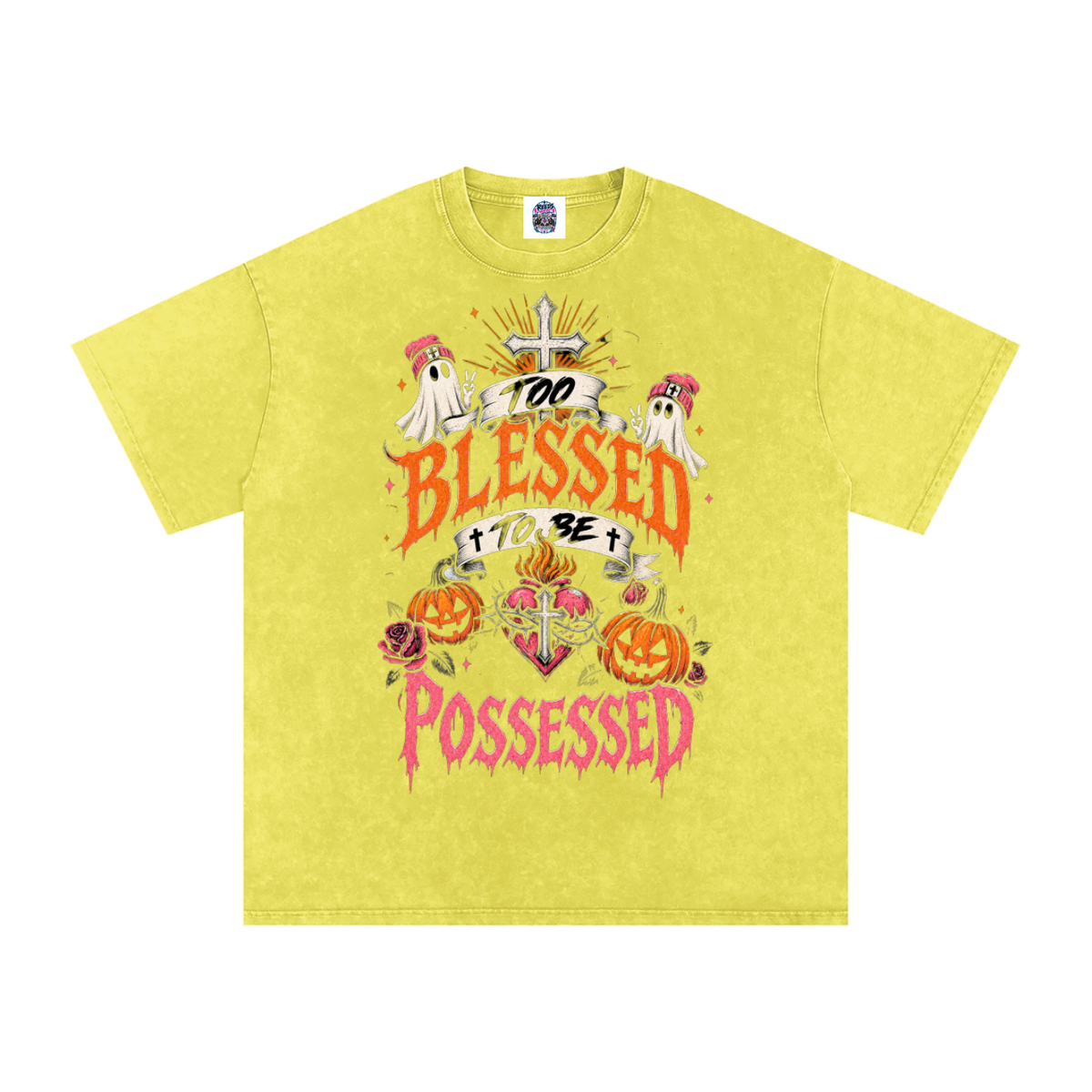 Too Blessed to Be Possessed — Snow Washed Oversized Tee