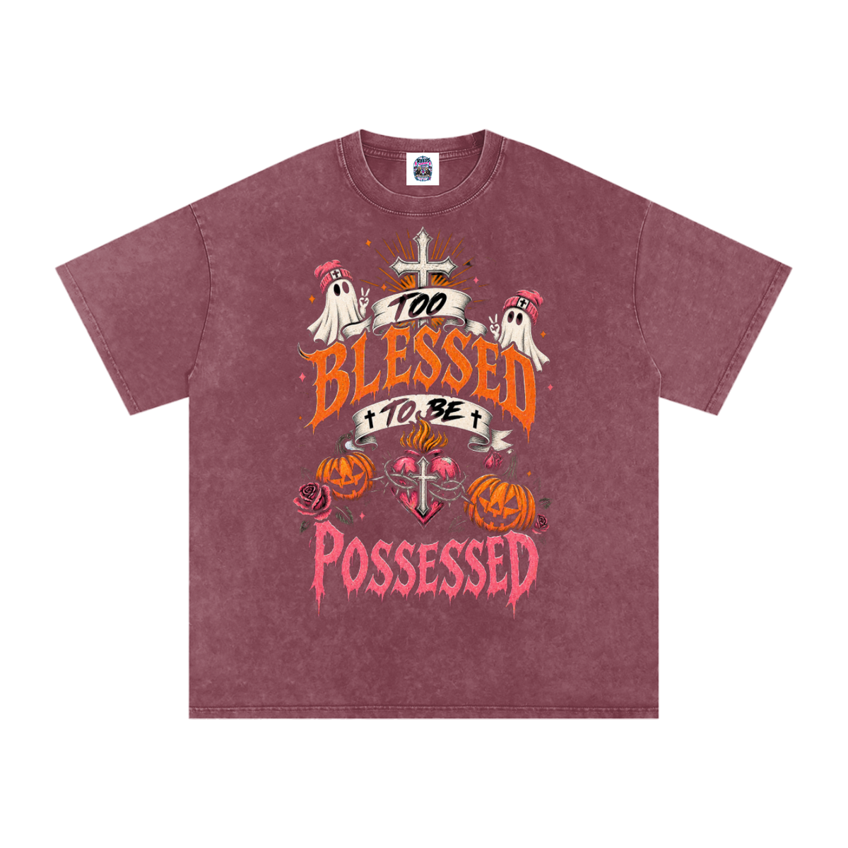 Too Blessed to Be Possessed — Snow Washed Oversized Tee