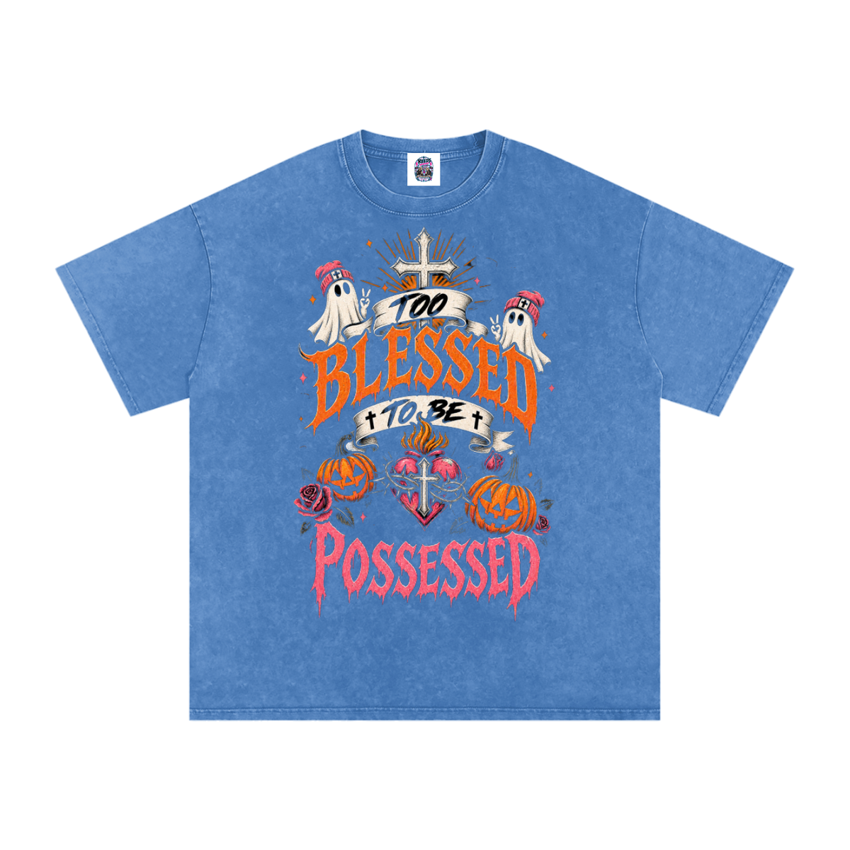 Too Blessed to Be Possessed — Snow Washed Oversized Tee