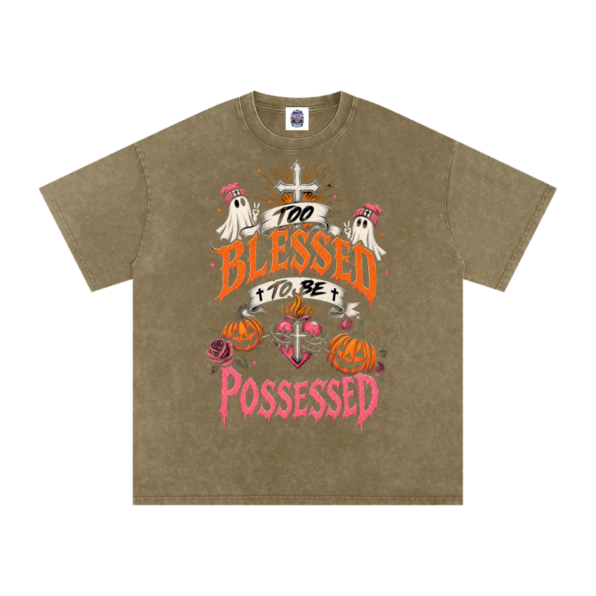 Too Blessed to Be Possessed — Snow Washed Oversized Tee