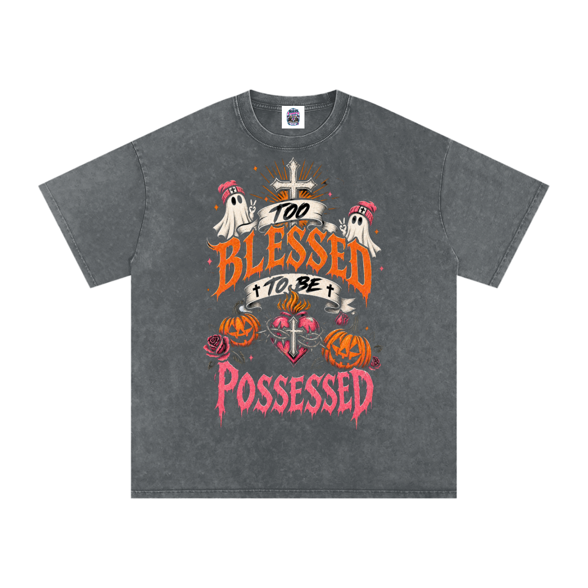 Too Blessed to Be Possessed — Snow Washed Oversized Tee