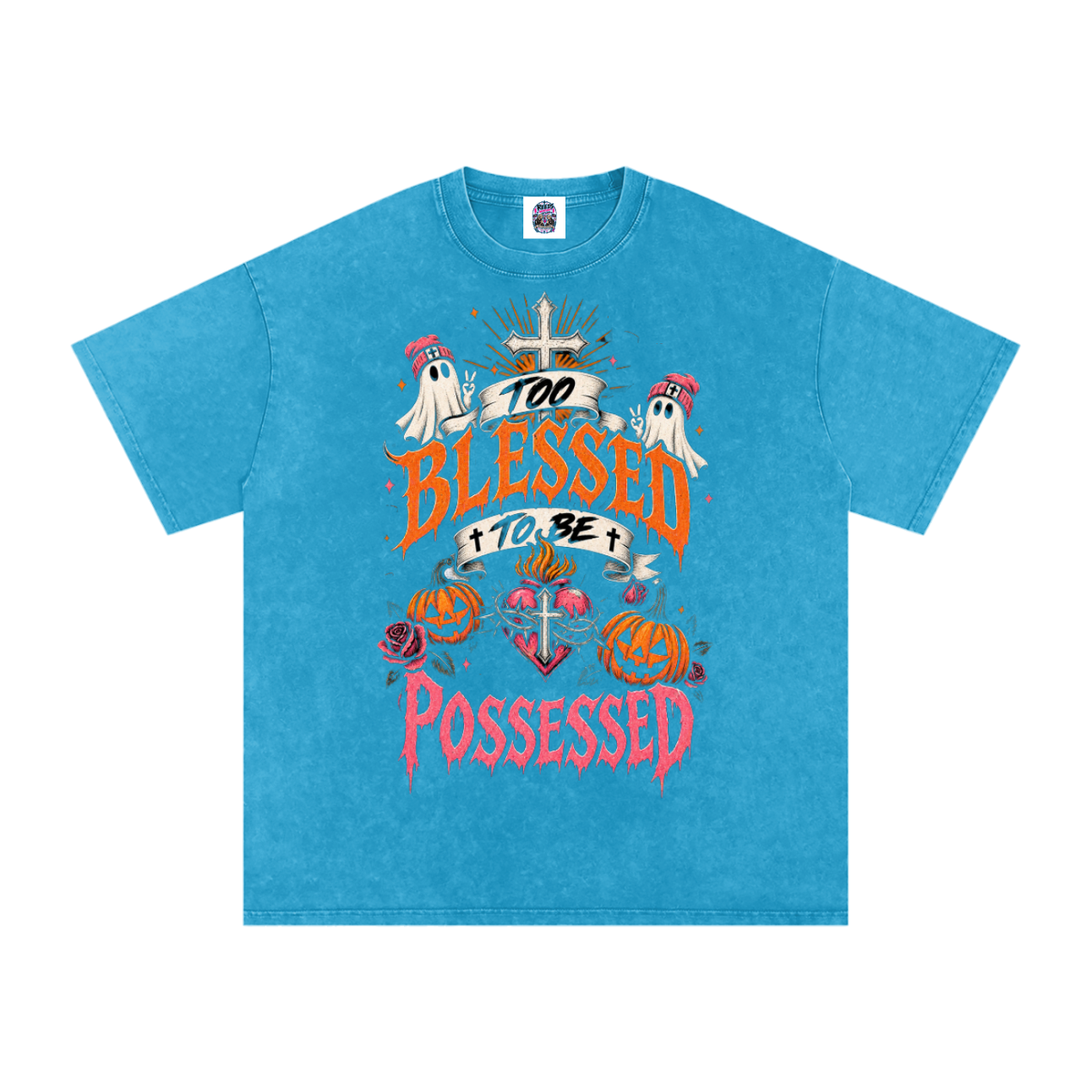 Too Blessed to Be Possessed — Snow Washed Oversized Tee