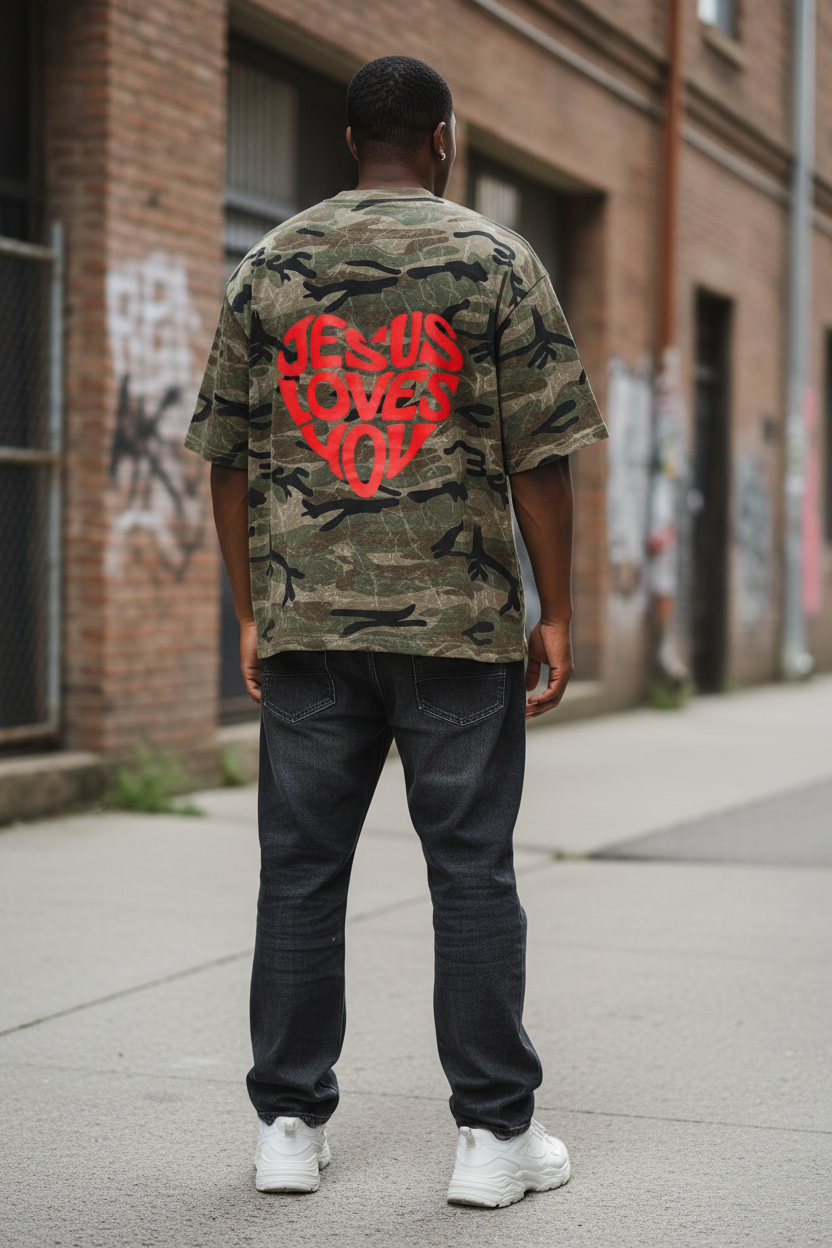 Jesus Loves You Unisex Boxy Camo Print T-Shirt
