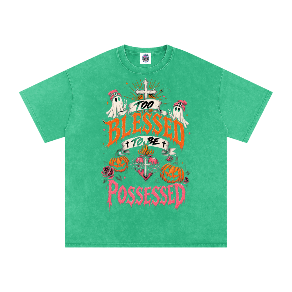 Too Blessed to Be Possessed — Snow Washed Oversized Tee