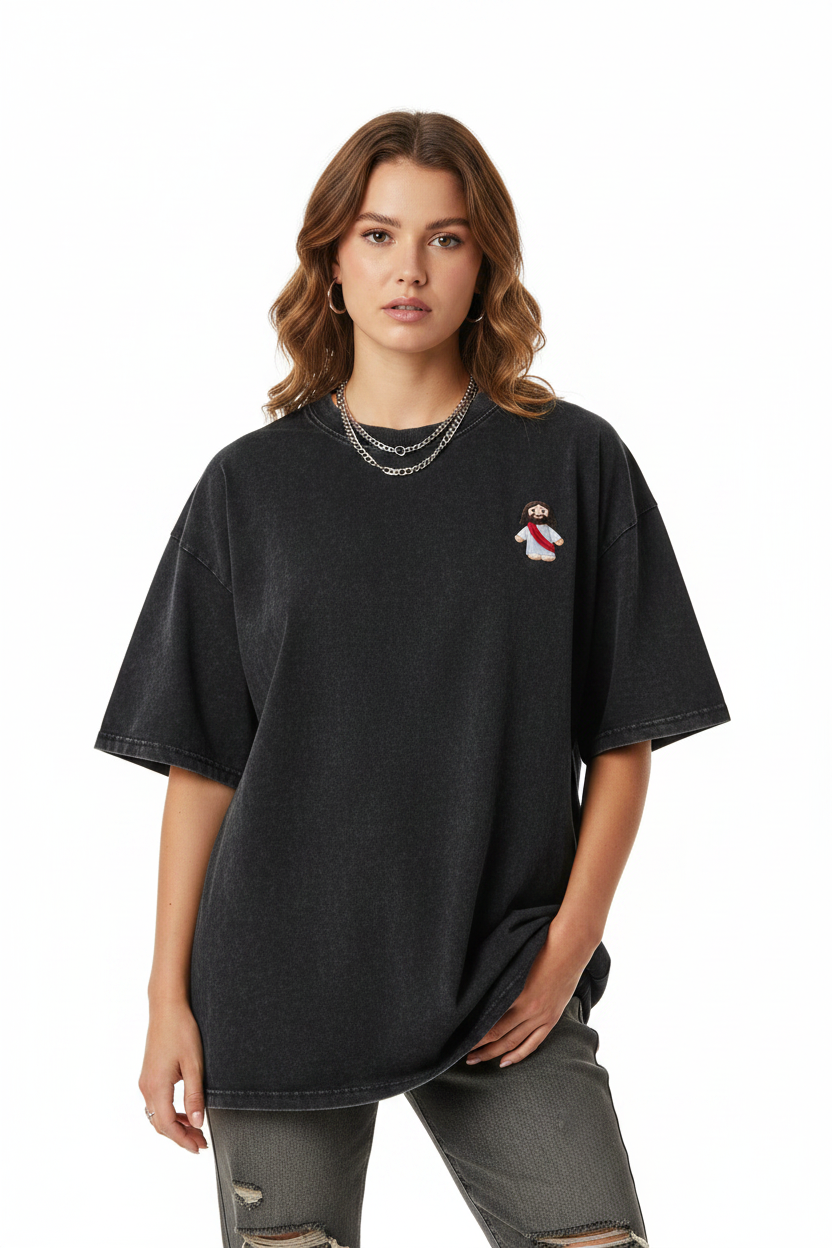 Tiny Jesus Snow Washed Oversized Cotton T-Shirt