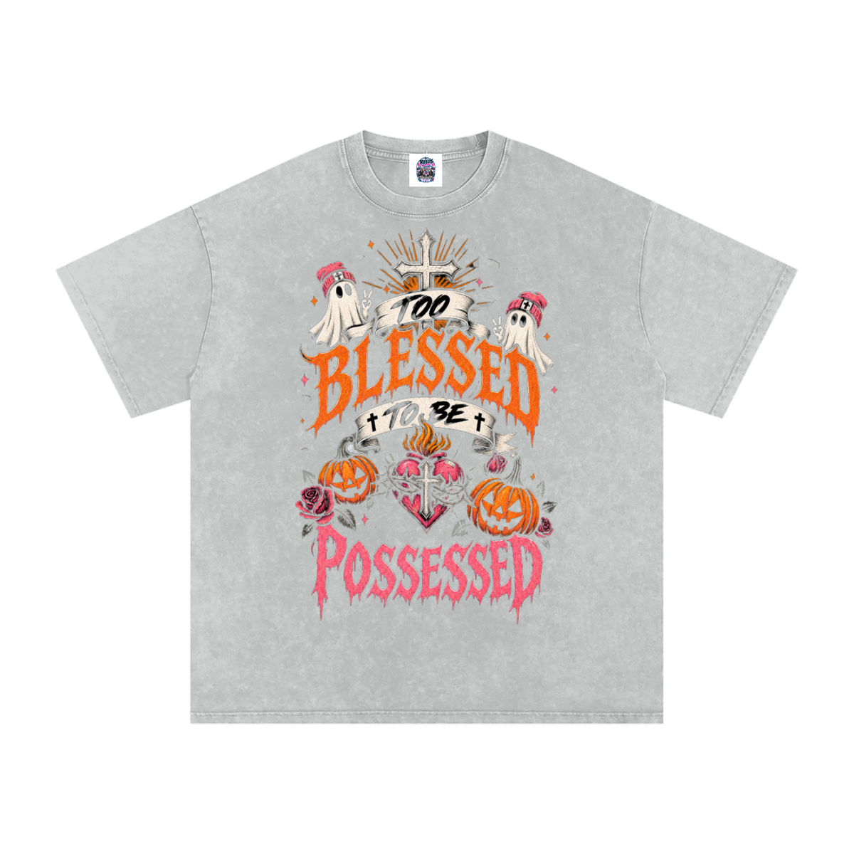 Too Blessed to Be Possessed — Snow Washed Oversized Tee
