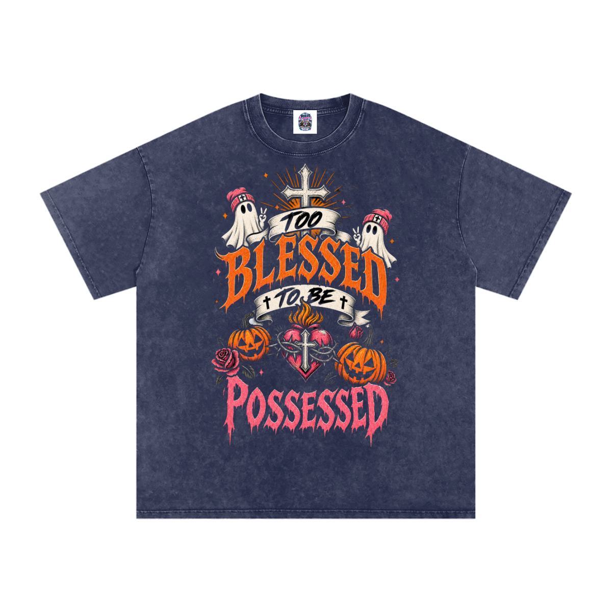 Too Blessed to Be Possessed — Snow Washed Oversized Tee