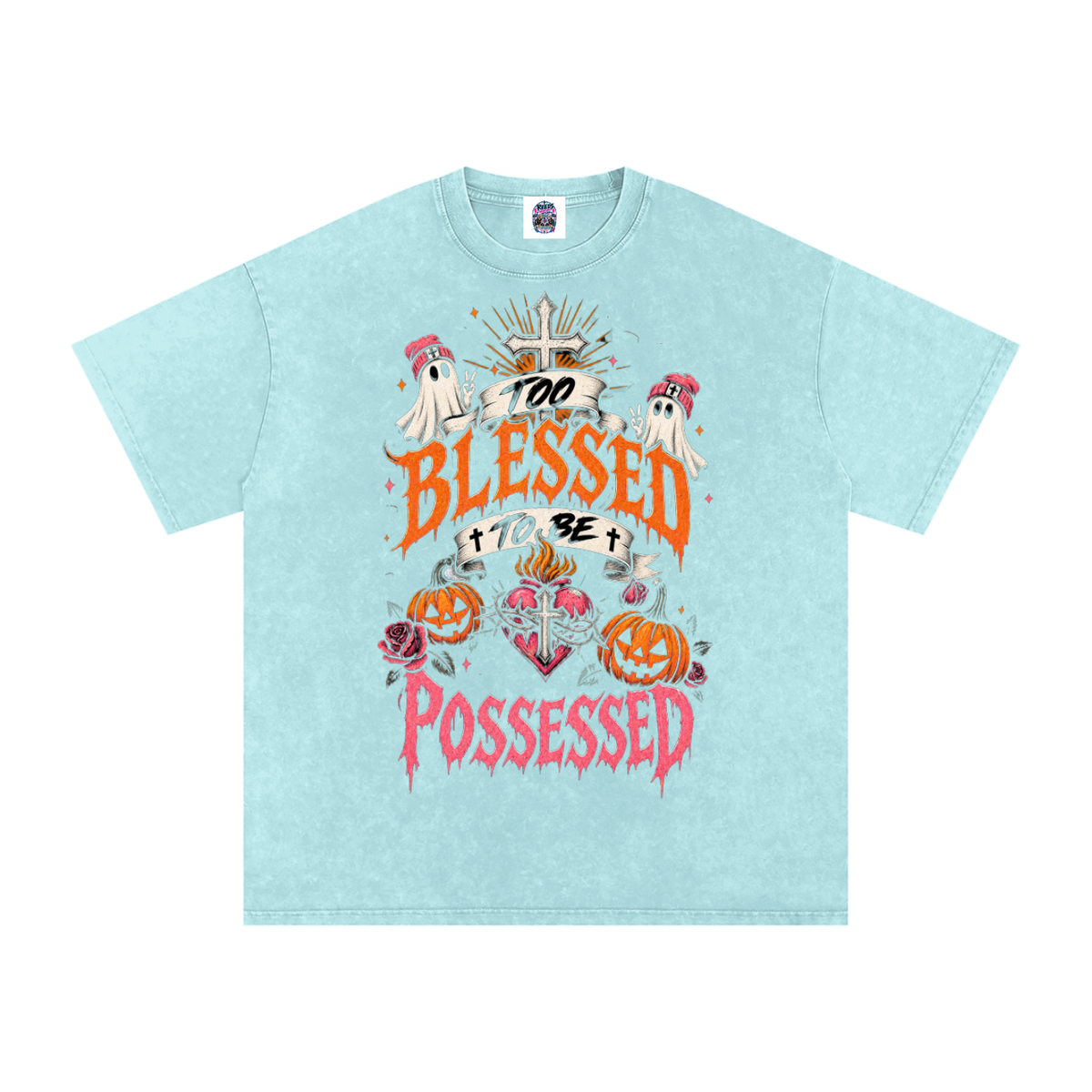 Too Blessed to Be Possessed — Snow Washed Oversized Tee