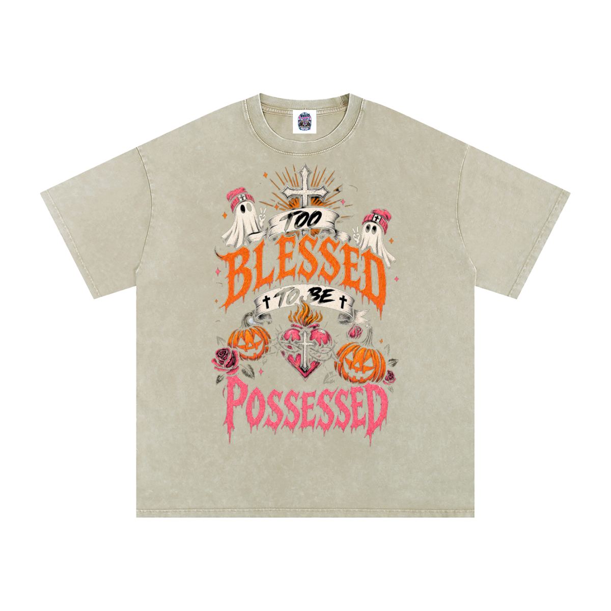 Too Blessed to Be Possessed — Snow Washed Oversized Tee