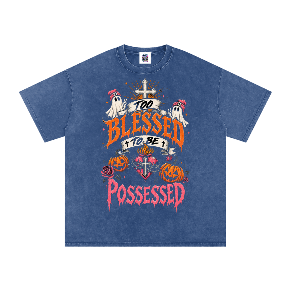 Too Blessed to Be Possessed — Snow Washed Oversized Tee