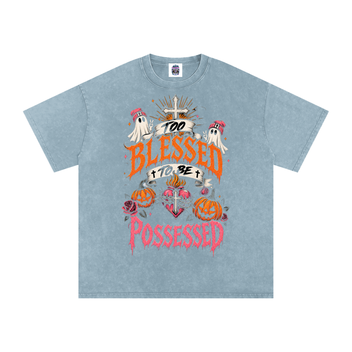 Too Blessed to Be Possessed — Snow Washed Oversized Tee