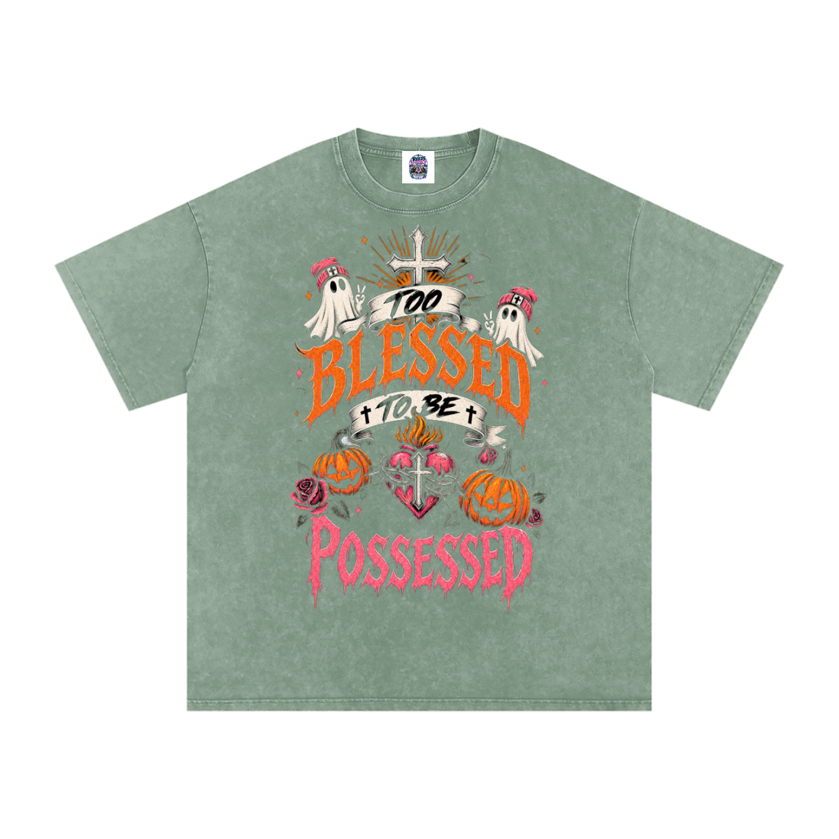 Too Blessed to Be Possessed — Snow Washed Oversized Tee